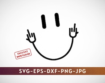 May include: Black and white line art illustration of a smiley face with two raised hands making the 'rock on' hand gesture.