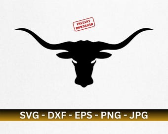 Op de afbeelding: Zwarte silhouet van een longhorn stierenkop met grote hoorns. Het silhouet is geïsoleerd op een witte achtergrond.