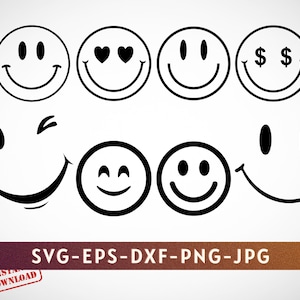 May include: Set of ten black and white smiley face icons. The icons include a classic smiley face, a smiley face with hearts for eyes, a smiley face with dollar signs for eyes, a smiley face with a wink, a smiley face with a tongue sticking out, and a smiley face with closed eyes.