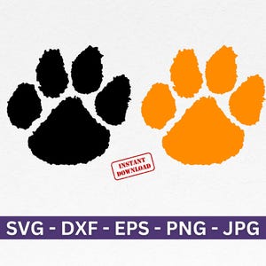 May include: Two paw prints, one black and one orange, are shown against a white background. The paw prints are stylized and have a rough, textured look.