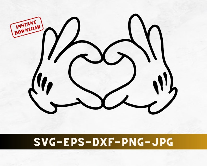 May include: Black and white cartoon hands forming a heart shape. The hands are stylized with three black dots on the palm and a thumb and three fingers. The image includes the text "INSTANT DOWNLOAD" and "SVG-EPS-DXF-PNG-JPG".