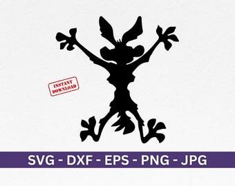 May include: Black silhouette of a coyote or roadrunner cartoon character with outstretched arms and legs, in a jumping pose. The character is facing forward with its mouth open.