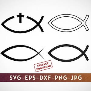 Op de afbeelding: Vier zwart-witte omtrek afbeeldingen van een vis met een kruis erin. De bovenste twee afbeeldingen zijn omlijnd met een dunne lijn, en de onderste twee afbeeldingen zijn omlijnd met een dikkere lijn. De tekst "INSTANT DOWNLOAD" staat in een rood rechthoek.