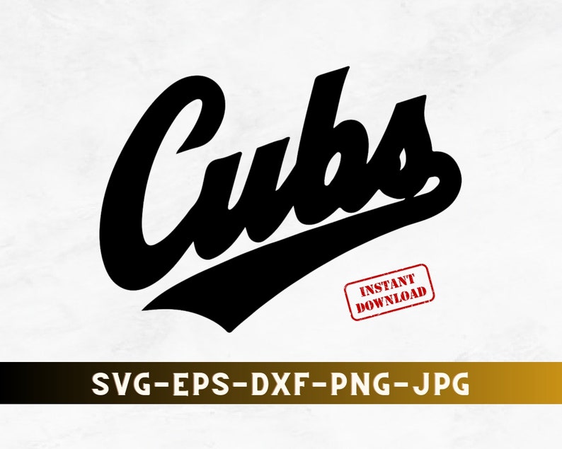 Może przedstawiać: Czarno-biała grafika słowa "Cubs" w stylizowanym kroju pisma z zakrzywioną linią pod spodem. Tekst "INSTANT DOWNLOAD" znajduje się w czerwonym prostokącie.