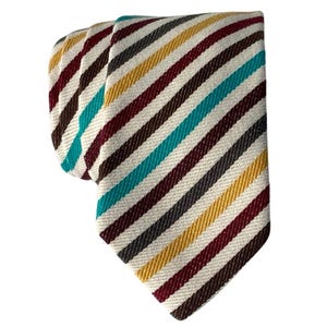 Turquoise & Maroon Striped Tie for Men, Cotton Skinny Tie, Yellow Stripe Necktie for Son, Work, Church, Groom, Dad, Missionary - Ostrava