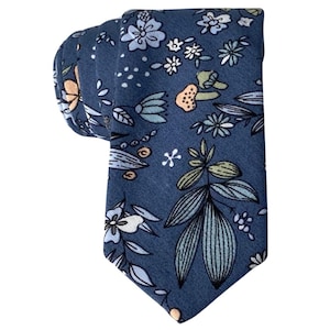 Dark Blue Floral Tie for Men, Cotton Skinny Tie, Dusty Blue Flower Necktie, Pink Cartoon Mushroom Tie for Dad, Prom, Missionary Tie - Lima
