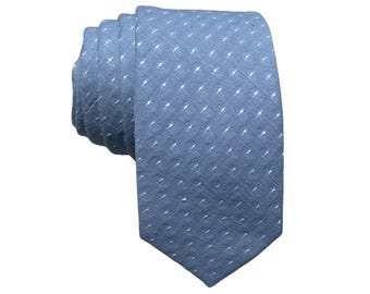 Dusty Blue & White Polka Dot Tie for Men, Spotted Cotton Skinny Tie, Dotted Necktie for Son, Gift for New Dads, Missionary Tie - Dresden