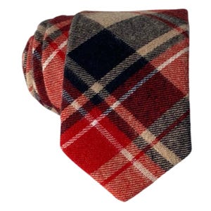 Red Plaid Tie for Men, Cotton Skinny Tie, Casual Tan & Navy Accented Necktie Gift for Dad, Business, Groom, Work, Missionary - Lyon