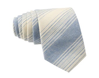 Dusty Blue Striped Tie for Men, Cotton Skinny Tie, Casual Cream Stripe Necktie Gift for Dad, Business, Groom, Work, Missionary - Madrid