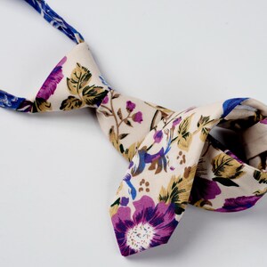 Purple & Blue Boys Floral Tie, Childrens Pretied Necktie for Kids 1-12, Adjustable Toddler Cotton Tie, Tropical Beige Wildflower - Key West