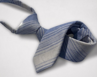Light Blue & Beige Boys Striped Tie, Childrens Pretied Necktie for Kids 1-12, Adjustable Toddler Cotton Tie for Weddings, Baptisms - Madrid
