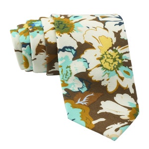 Tan Brown Floral Tie for Men, Cotton Skinny Tie, Yellow Flower Necktie, White Wildflower Tie Gift for Dad, Grooms, Missionary Tie - Mesquite