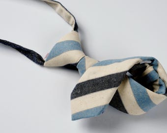 Light Blue, Navy & Beige Boys Striped Tie, Childrens Pretied Necktie for Kids 1-12, Adjustable Toddler Cotton Tie for Weddings - Newport