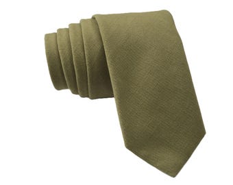 Army Green Solid Tie for Men, Cotton Skinny Tie, Olive Wedding Tie for Groom, Plain Military Necktie Gift for Dad, Missionary- Otis & Oliver