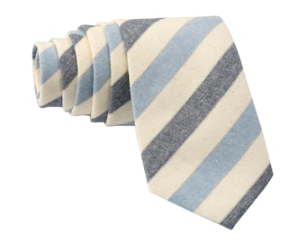 Dusty Blue Striped Tie for Men, Cotton Skinny Tie, Casual Dark Navy Stripe Spring Necktie for Dad, Business, Groom, Missionary - Newport