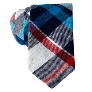 Red, White, and Blue Plaid Tie for Men, Cotton Skinny Tie, Casual Blue Tartan Necktie Gift for Dad, Business, Groom, Work, Missionary - Oslo