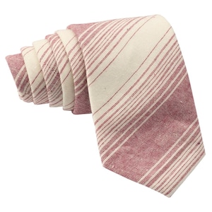 Wine Red Striped Tie for Men, Cotton Skinny Tie, Casual Beige Cream Stripe Necktie Gift for Dad, Business, Groom, Work, Missionary - Paris