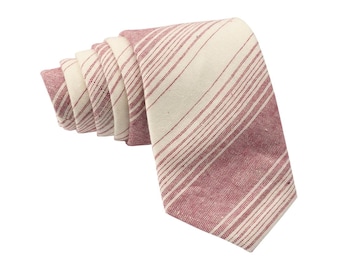 Wine Red Striped Tie for Men, Cotton Skinny Tie, Casual Beige Cream Stripe Necktie Gift for Dad, Business, Teacher, Work, Missionary - Paris