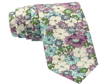 Light Blue Floral Tie for Men, Cotton Skinny Tie, Purple Flower Necktie, Wildflower Tie Gift for Dad, Groomsmen, Missionary Tie - Corona