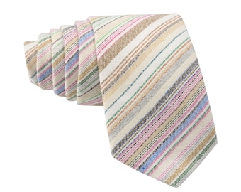 Pastel Striped Tie for Men, Cotton Skinny Tie, Casual Neutral Stripe Necktie Gift for Dad, Business, Groom, Work, Party, Missionary - Rio