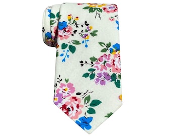 Off-White Spring Floral Tie for Men, Cotton Skinny Tie, Blue Flower & Pink Rose Necktie, Tie Gift for Dad, Grooms, Missionary Tie - Hilo