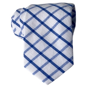 White and Blue Plaid Tie for Men, Cotton Skinny Tie, Casual Geometric Grid Necktie Gift for Dad, Business, Groom, Work, Missionary - Delft