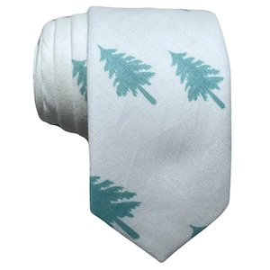 Green & White Christmas Tree Patterned Tie for Men, Cotton Skinny Tie, Holiday Natural Pine Tree Necktie for Son, Dad, Missionary Tie - Vail