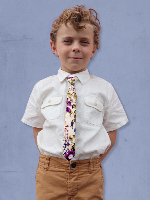 Purple & Blue Boys Floral Tie, Childrens Pretied Necktie for Kids