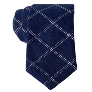 Navy Blue Grid Tie for Men, Cotton Skinny Tie,  Blue & White Square Plaid Necktie Gift for Dad, Business, Groom, Work, Missionary - Bonn