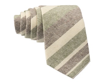 Olive Green Striped Tie for Men, Cotton Skinny Tie, Casual Cream Stripe Necktie Gift for Dad, Business, Groom, Work, Missionary - Beaumont