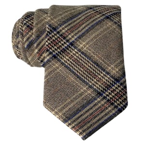Brown Plaid Tie for Men, Cotton Skinny Tie, Casual Tan & Blue Accented Necktie Gift for Dad, Business, Groom, Work, Missionary - Dublin