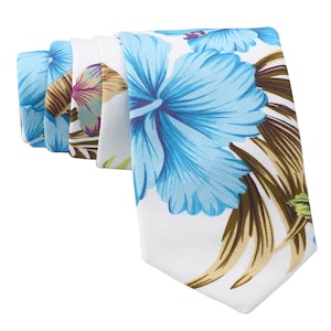 White Floral Tie for Men, Cotton Skinny Tie, Electric Blue Flower Necktie, Brown Tropical Tie Gift for Dad, Groomsmen, Missionary Tie - Oahu