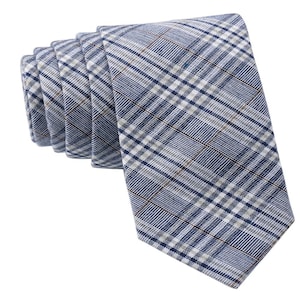 Navy Blue Plaid Tie for Men, Cotton Skinny Tie, Casual White Stripe Necktie Gift for Dad, Business, Groom, Work, Missionary - Nantucket