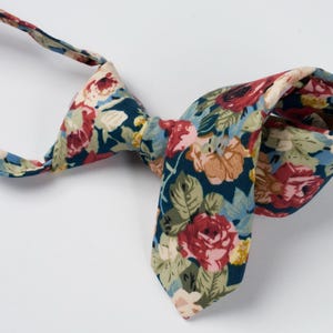 Navy Blue & Red Boys Floral Tie, Childrens Pretied Necktie for Kids 1-12, Adjustable Toddler Cotton Tie, Orange Rose, Green Leaf - Monterey