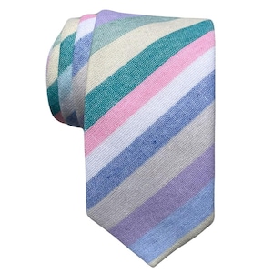 Lavender, Blue, & Green Striped Tie for Men, Pastel Cotton Skinny Tie, Spring Stripe Necktie for Son, Gift for Dad, Missionary Tie - Hague