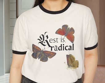 Rest is Radical Ringer T-Shirt | Self-care gifts | Vintage style tee shirt, graphic tee | Aesthetic moth shirt | Insect lover gift, moth tee