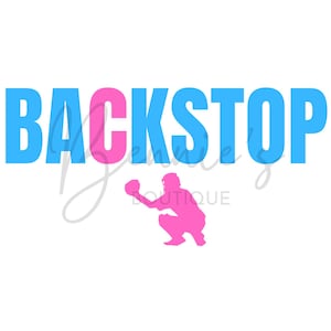 May include: A graphic design featuring the word "BACKSTOP" in blue and pink block letters. Below the text is a pink silhouette of a catcher in a squatting position, holding a mitt. The background is white.