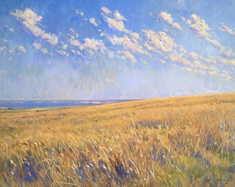 Arte de pared de descarga digital imprimible - Pradera de hierba alta abierta - Pintura al óleo de paisaje