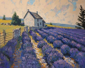 Arte de parede para download digital para impressão - Campos de lavanda de Valensole - Pintura a óleo de paisagem