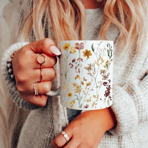 Fall Colored Wildflowers, Watercolor Mug, Ceramic, 11oz, Gift for Her, Gift for Flower Lover, Boho Mug, Cottagecore Mug, Spring Mug