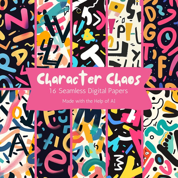 Character Chaos Vibrant Seamless Digital Paper Set, 16 AI-Generated Typographic Patterns, Playful Alphabetic Backgrounds | 300 PPI | .PNG