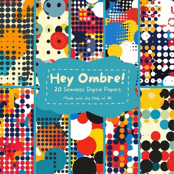 Hey Ombre! Playful Seamless Digital Paper Set, 20 AI-Generated Ombre / Pointillism Patterns, Multicolored Dot Backgrounds | 300 PPI | .PNG