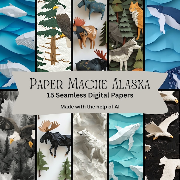Paper Mache Alaska: 15 Seamless Digital Papers, Wildlife & Nature Themes for Unique Crafts | Instant Download | Commercial Use | 300 ppi