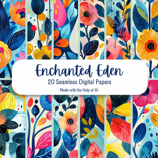 Enchanted Eden Lush Seamless Digital Paper Set, 20 Vivid Botanical Patterns, Whimsical Nature-Inspired Backgrounds | PNG | 300 PPI