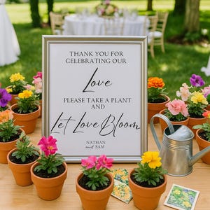 Letrero de mesa de recuerdo Let Love Bloom - Impresión física en CARTULINA Mesa de recuerdo para bodas, despedidas de soltera, cumpleaños, etc. -Recuerdo de planta y flor