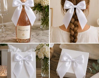 White Satin Ribbon Bows Set of 10 – 5.5”x6” – Perfect for Invitations, Gifts & Wedding Decor - Large Ribbon Bows