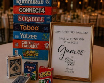 Cartello per il tavolo dei giochi di nozze – Personalizzabile e stampato / 2 modelli / Nessun problema di fai da te / Decorazione per il ricevimento della serata giochi Stampa fisica - 4x6, 5x7, 8x10