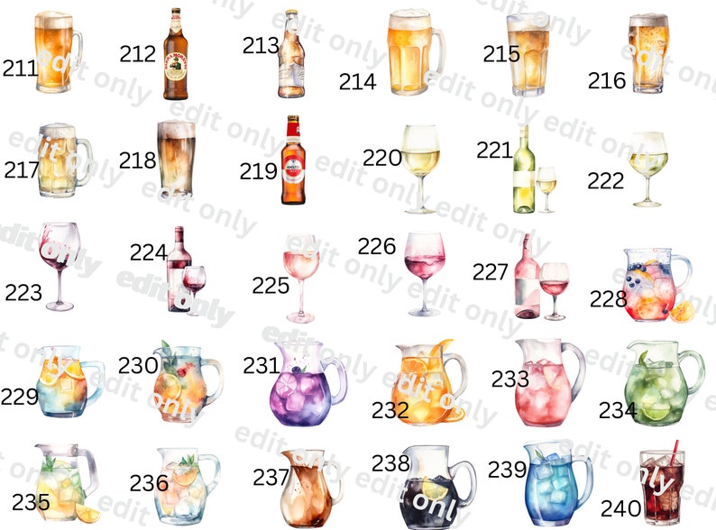 May include: A watercolor illustration of 24 different types of beverages, including beer, wine, cocktails, and juice. The illustrations are numbered from 211 to 240.