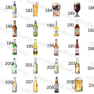 May include: A collection of 21 different beer bottles and cans, including Bud Light, Corona, Miller Lite, and Stella Artois. The bottles and cans are arranged in a grid pattern on a white background.