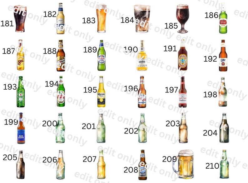 May include: A collection of 21 different beer bottles and cans, including Bud Light, Corona, Miller Lite, and Stella Artois. The bottles and cans are arranged in a grid pattern on a white background.